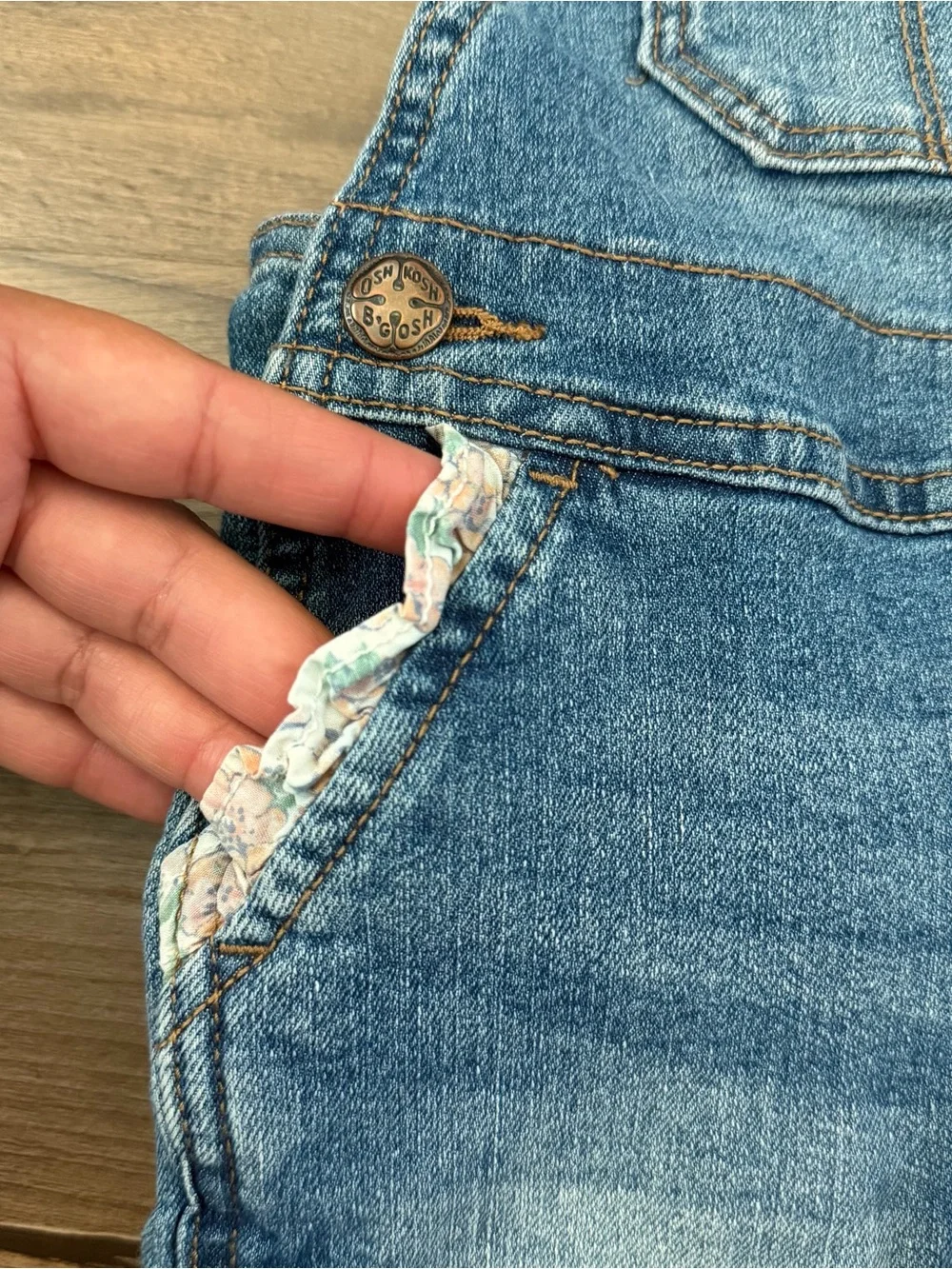 OshKosh B'gosh Toddler Denim Shortalls - Floral Print Ruffle Pocket - Size 3T
